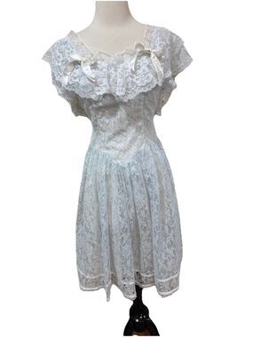 Gunne Sax Jessica McClintock Lace White Blue Dress 0 2 Party Cocktail Evening
